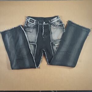 Time & Space Black Wide Leg Jeans Baggy Distressed Y2K Utility Streetwear